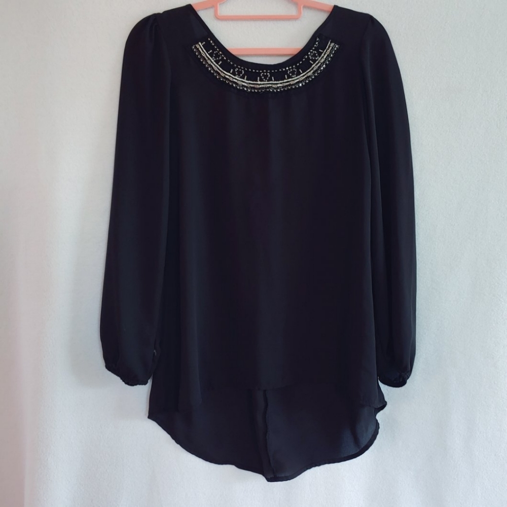 Studio Y Black High Low Shirt Top Beaded Neckline